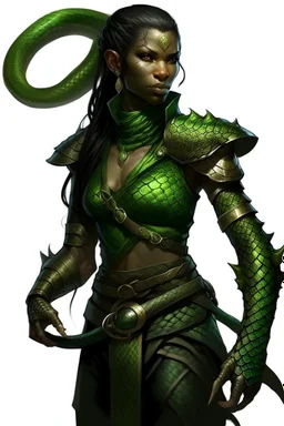 female snake humanoid, green scales, wearing a black leather armor, dungeons and dragons