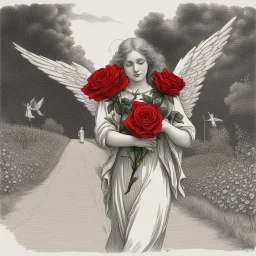 a woman in a greenfield carrying red roses with the angel behind
