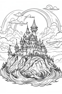 A vampire castle on a hill, surrounded by fog and illuminated by lightning. Outline, sketch style, only use outline, mandala style, clean line art, white background, no shadows, no clear wall, coloring page.