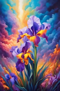 vibrant psychedelic oil painting image, airbrush, 64k, cartoon art image of background colorful iris flowers , dystopian