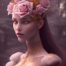 red rose beautiful girl,utra realistic,highly detailed, gold, pink, jewels, lace, masterpiece, delicate detailed, sharp focus, insanely detailed, fantasy art, intricate detailed, elegant, fog, Special Lighting, Vibrant, color Scheme, forest, unreal engine 5, trending on artstation