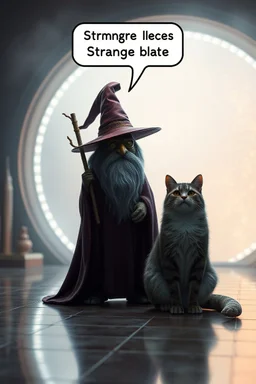 Wizard,snakebat and fat cat, add some fucking realism with no mutants, and a foggy background, and shiny tiled floor, and speechbubble above head saying "Strange place." in front of space portal dimensional glittering device, bokeh like f/0.8, tilt-shift lens 8k, high detail, smooth render, down-light, unreal engine, prize winning