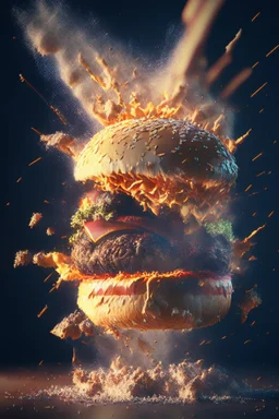 a burger exploding into dust, extremely detailed dust particle details, natural colours, meticulously intricate perfectly symmetrical extremely detailed, pixiv daily ranking, pixiv, extreme depth of field, artstation, sculpture style, spectacular details, volumetric lighting, masterpiece, cinematic, Hollywood production, 8k resolution, high definition, max octane render, vivid colors, max resolution, unreal engine , max perfectionism, realistic composition, professional photography, max focus, m