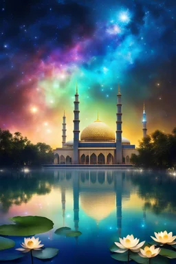 wonderful night islamic Mosque golden shining colors of a magic lake full of lotus flowers and nebula Aurora background with sparkling white stars tiny electric blue butterflies