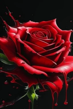 watercolor an exciting illustration of a red rose with petals, completely made with transparent red paint flowing down a dark glossy surface, a light spot on the rose, a dark empty background, liquid splashes, complex details, photorealistic