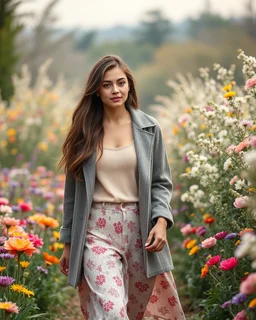 create a video , in a pretty nature of conuntry side a big mas of ramdom pretty flowers fall down and a beautiful lady in modern clothing comes out and walks with cute in the flowers garde