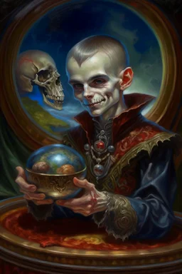 book cover illustration, oil painting portrait of metallic sleeping slightly cute smirking vampire holding small earth on a platter, bokeh , high detail, smooth render, prize winning