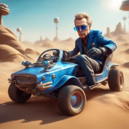 airbrush with pen outline, cool space pimp Christopher Walken gremlin with a psychedelic dune buggy in action scene, wearing driver gloves, wearing flip down blue blocker glasses, in the style of a fallout 4,bokeh like f/0.8, tilt-shift lens 8k, high detail, smooth render, down-light, unreal engine, prize winning