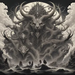Generate a visually striking artwork that depicts a thirst for dominion drawing inspiration from dark mythology and biblical references. Incorporate elements of chaos, destruction, and a foreboding atmosphere