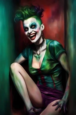 a multicolored, watercolor stained, wall in the background, inspired by all the works of art in the world - laughing - Millie Miller, an extremely tiny, thin, voluptuous beautiful vampire werewolf zombie Joker female with an emerald mohawk, full body image, wearing a skinsuit, Absolute Reality, Reality engine, Realistic stock photo 1080p, 32k UHD, Hyper realistic, photorealistic, well-shaped, perfect figure,