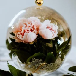 Cinematic shot of peonies inside a golden lace crystal sphere