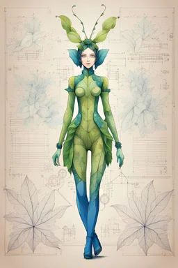 Hand drawn technical,full body illustration , with detailed blueprints and engineering schematics of a hybrid walking leaf insect girl, with highly detailed facial features, drawings, and technical notation, 8k, vibrant natural colors