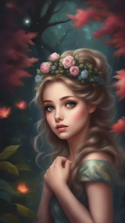 Painting of a beautiful girl, beautiful, haunted forest, flowers on her head, glitter dress, young girl, digital painting, fantasy art, pretty face, inspired by Thomas Kinkade, anime portrait, barbie face, big eyes, bright eyes, dream, trees, forest background, dark night, song, glitters background, fantasy, high quality, 8k