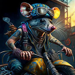 highly detailed and realistic rat gang member wearing a vest and a bandana riding a chopper, high detail, realism, vibrant colours, graffiti accents, complementary colours, splash art, perfect composition, beautiful detailed intricate insanely detailed octane render trending on artstation, 8 k artistic photography, photorealistic concept art, soft natural volumetric cinematic perfect light, chiaroscuro, award - winning photograph, masterpiece, oil on canvas, raphael, caravaggio, greg rutkowski,