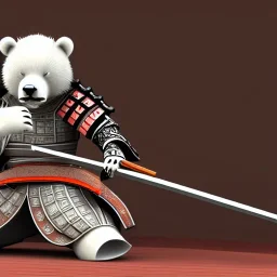 Un ours blanc, anthropomorphique, habillé comme un samurai, portant un katana très detaillé, réaliste, très détaillé, représentation 3d, un maximum de détail