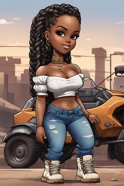 Create a abstract art style of a cartoon of a curvy African American chibi female wearing tight jeans and a off the shoulder blouse. She is also wearing timberland boots.. Highly detailed very long extremely braids of hair. Her skin is smooth and silky. Background of a track of ATV riders. No coloring, no shading, no grayscale,