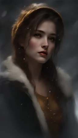Beautiful female winter character by Pino Daeni, dark background, chiaroscuro effect, golden hour, best quality, stunning, snow particles, award winning, epic, masterpiece