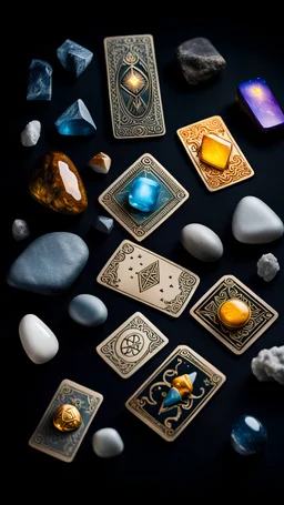 tarot cards and magic stones on black background