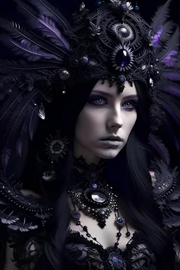 Beautiful young faced girl voidcore metallic filigree steampunk Seraphim black angel portrait textured feathers ribbed with voidcore style mineral stone ribbed headdress, black pearls i, white crystals n the long black hair, textured butterfly pattern embossed art nouveau black and violet costume extremelmly detailed intricate 8 k organic bio spinal ribbed detail of floral embossed voidcore decadent angelic background resolution epic cinematic maximálist concept art