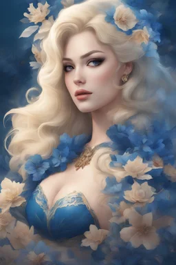 blue, large, woman, blonde, floral designs, atmospheric, beautiful, China Doll, Lap dog, in the art style of Wonder Woman