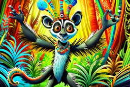 surreal, vibrant digital artwork featuring king Julien the lemur dancing with his tail held up high, with intricate abstract patterns and motifs swirling around them. striking facial features, wearing a crown made of skulls. dancing to "you gota to move it" in Disney style Madagascar