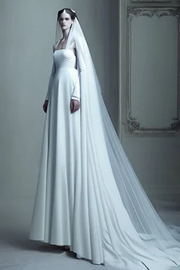 Long Luxurious White Wedding Dress Similar to the Greek era with a long veil and long black hair Photorealistic