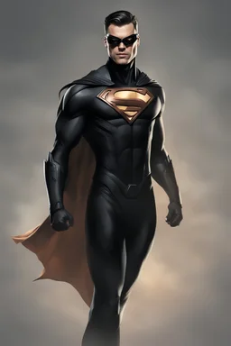 kryptonian, all black suit, tan, flying