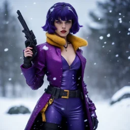 Faye Valentine, clad in her iconic outfit, stands in the snow of Callisto with her trusty gun at her side. Amidst the icy winds and swirling snowflakes, she exudes confidence and defiance, her violet eyes reflecting the cold beauty of the alien world. With a flick of her cigarette and a glint of her pistol, Faye sets off into the unknown, a lone wolf in a winter's tale, leaving a trail of resilience and strength in her wake.