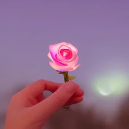 luminous rose in moonlight glow being held by a gorgeous alien