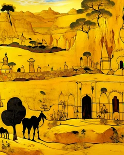 A yellow desert with an Egyptian fortress designed in Lascaux cave paintings painted by Gustav Klimt