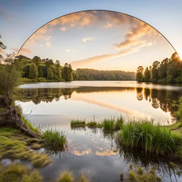 ountry side a calm lake ,a circular heavy plate full of holes over the lake falls to water