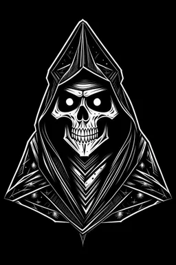 hanna-barbera skeleton in a black hooded cloak drawn in a retro mascot style, inside a light diamond shape on a black background, monochromatic