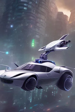 A flying car being drived by a robot between buildings in future city.