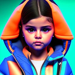 Selena Gomez toddler, full body, dramatic lighting orange puffer jacket, hyper realistic, unreal engine 5,