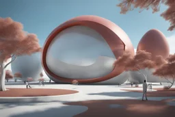 3D representation of architectural wonder, with a concrete design and matte reddish glass that contrasts with the light blue sky, emphasizing organic movement. Its design represents an ant with a bulbous tail and membrane wings with solar panels, its tail is made of concrete and glass. It stands out from pedestrians, creating a sense of scale. In open space, its use is a public place and as a great viewpoint in the mountains Combination of practicality and artistic expression in architecture