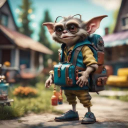 gremlins pimp hippie with rocket backpack in the backyard, in the style of a fallout 4,bokeh like f/0.8, tilt-shift lens 8k, high detail, smooth render, down-light, unreal engine, prize winning