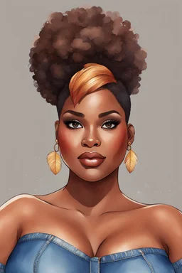 create a watercolor illustration of a plus size dark skinned black female wearing Tight blue jeans and a hazel brown off the shoulder blouse. Prominent make up with long lashes and hazel eyes. She is wearing brown feather earrings. Highly detailed short pixie cut