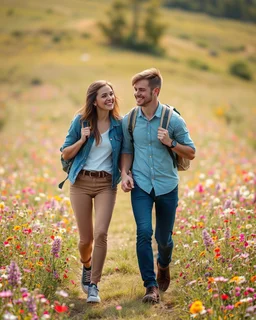 young sweet couple bagpacker adventurer fashion style happy walking and smiling in Realistic photography of a field of wildflowers, soft natural lighting, vibrant colors, intricate details,peaceful and serene atmosphere.