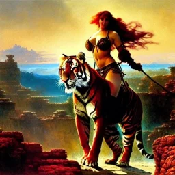 Drawing of beautiful face,'Red Sonja riding a Tiger',intense stare, ancient metal armor, balanciaga fashion clothe painting by gaston bussiere, greg rutkowski, yoji shinkawa, yoshitaka amano, tsutomu nihei, donato giancola, tim hildebrandt Oil on canvas, cinematic composition, extreme detail,fit full head inside picture,16k