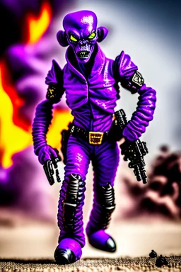 an epic 12k,ultra high definition , digital photo of a scary looking alien, purple colored alien, angy and rising from the ashes, a war veteran, army beret , captain rank, ripped and torn ammo clothing, chaotic fiery and dust background, dramatic close-up action shot of him behind the machine hand gun on the burned out war tanker,gothic and sinister