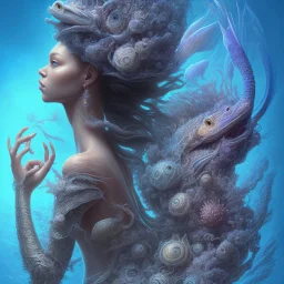 sango fantasy, fantasy magic, intricate, sharp focus, illustration, highly detailed, digital painting, concept art, matte, artgerm and paul lewin and kehinde wiley, masterpiece sexy lips Hawaiian afro lips black African lady body mermaid lionfish head blue space lady sea under water mermaid seaweed pyramid