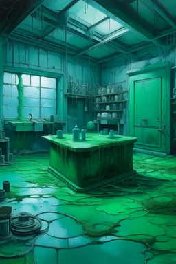 A bluish green laboratory covered in slime painted by Birge Harrison