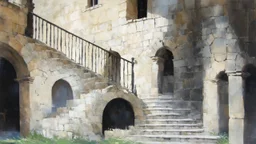 A weathered stone staircase, worn smooth from centuries of use, winds its way up to an arched doorway in a medieval-style building. Through a small window, a sliver of soft light filters in, illuminating the intricate architectural details adorning the ancient structure. This mesmerizing painting captures the essence of history and timelessness, with each crevice and crack telling a story of its own. Rich hues of mossy green and earthy brown create a sense of age and mystery, drawing viewers int