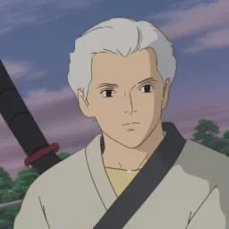 gray-haired young man with katana in black baggy jaket