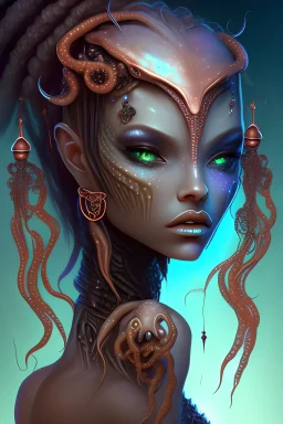 gorgeous female humanoid alien, stepping out of darkness, looking over shoulder, tentacles, copper zinc orichalcum jewelry and piercings, beautiful face, mesmerizing starry eyes, smooth translucent skin.