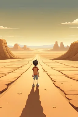 صورة كرتونية واقعية لولد يقف في الطريق الطويل وعلى جانبية صحراء و ينظر إلي الأمام