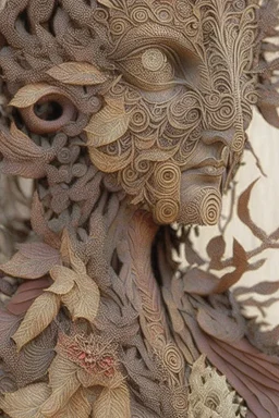 Janus-faced statue made out of quilling such as wood, foliage, feathers, beads, and flowers with a single eye at Burning Man: insanely detailed; quilling; elegant, fantasy, rose tones, beautiful, rapturous