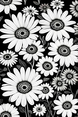 Easy Patterns Coloring page, African Daisy, Calming and Unique Coloring page for Kids , Mindfulness, and Creativity, black bakground white and black