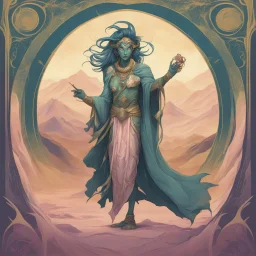 Bordered digital art of a Desert Djinn 10, in the style of torat and art deco, with olive green, pastel pink, rich blues and Shimmering golds accents. Fantasy art. High quality, masterpiece. Dungeons And Dragons