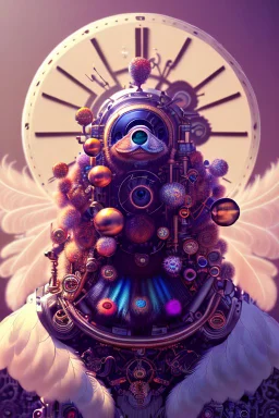 bearded man head with feathers, spheres, cubes, gears, clocks, engine parts, exhaust pipes, fur, peacock feathers, mechanism, in the style of Android Jones, gradient, bioluminescent, rococo, photorealistic, intricate details, 8k, purple and gold, digital painting, top light, illustration, trending on artstation